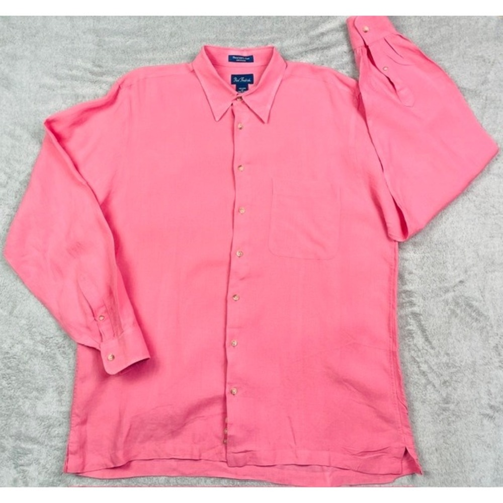 Paul Fredrick Men Pink 100% Linen Long Sleeve Button-Up Dress Shirt Size LT Tall